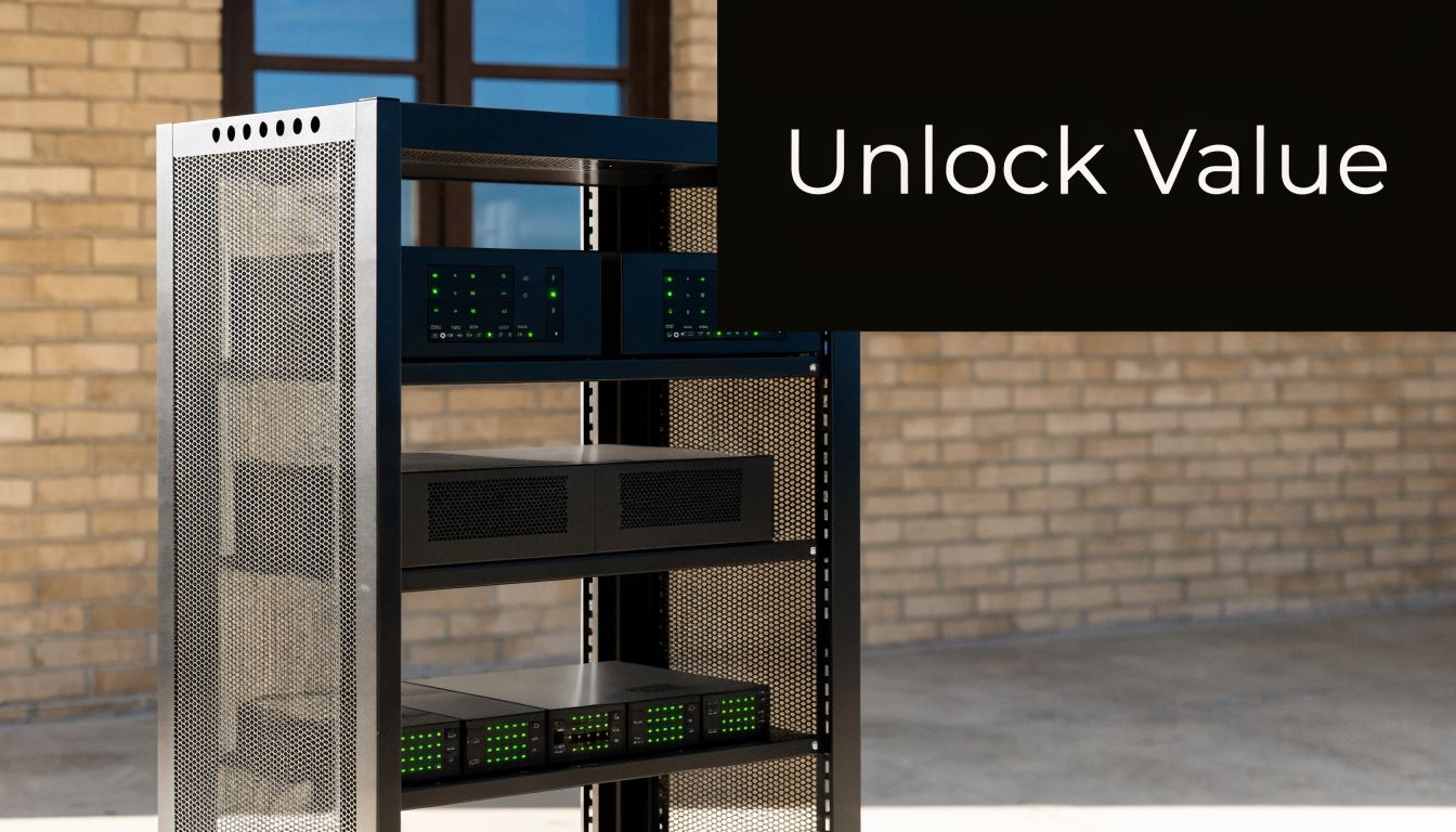 A professional server rack containing various networking hardware and telecommunication equipment in an office setting.