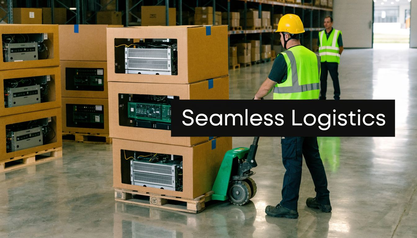 A warehouse worker in a safety vest and hard hat moves a pallet of telecom hardware.