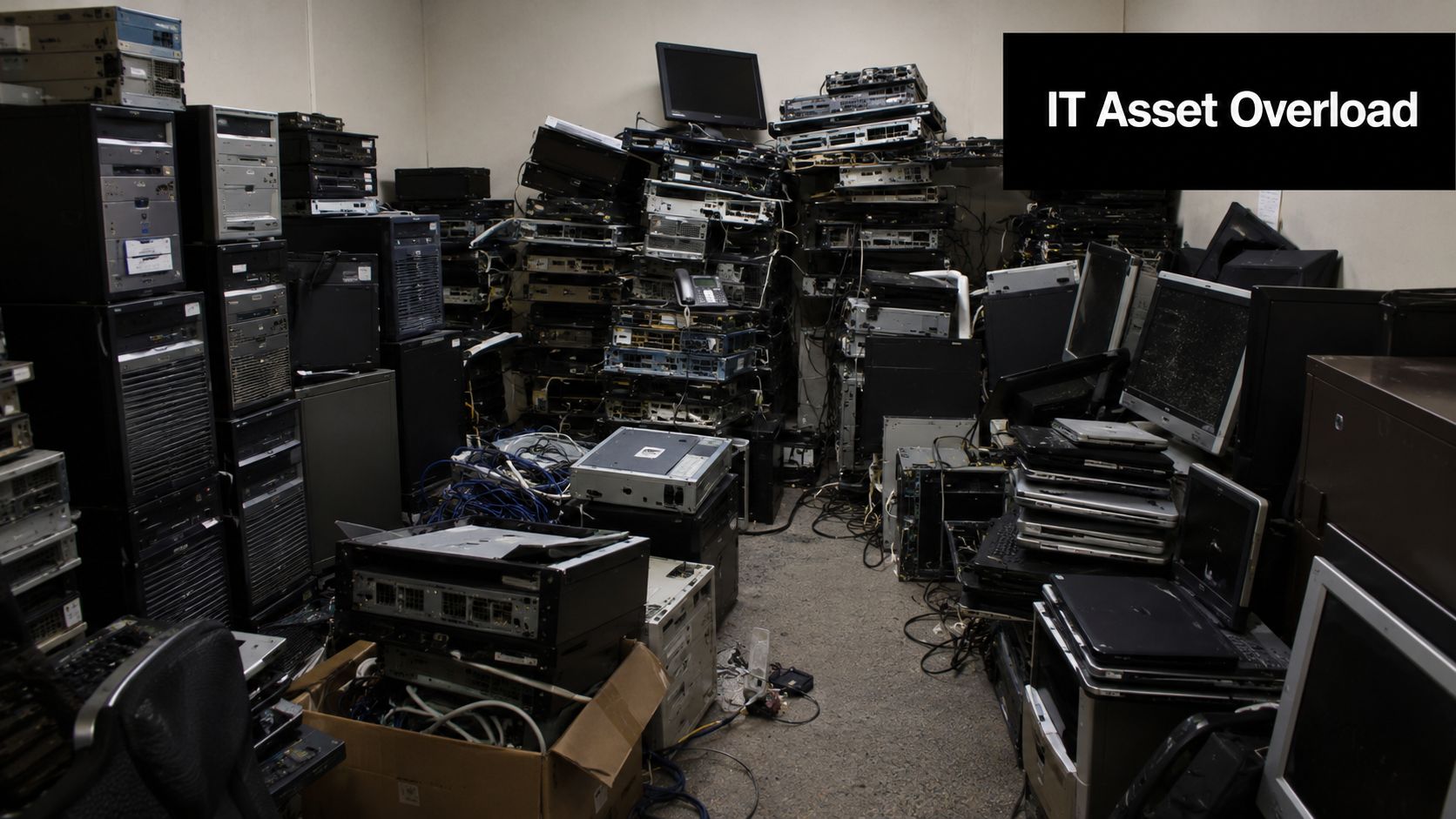 A cluttered storage room filled with stacks of obsolete servers, computer monitors, and tangled networking cables.