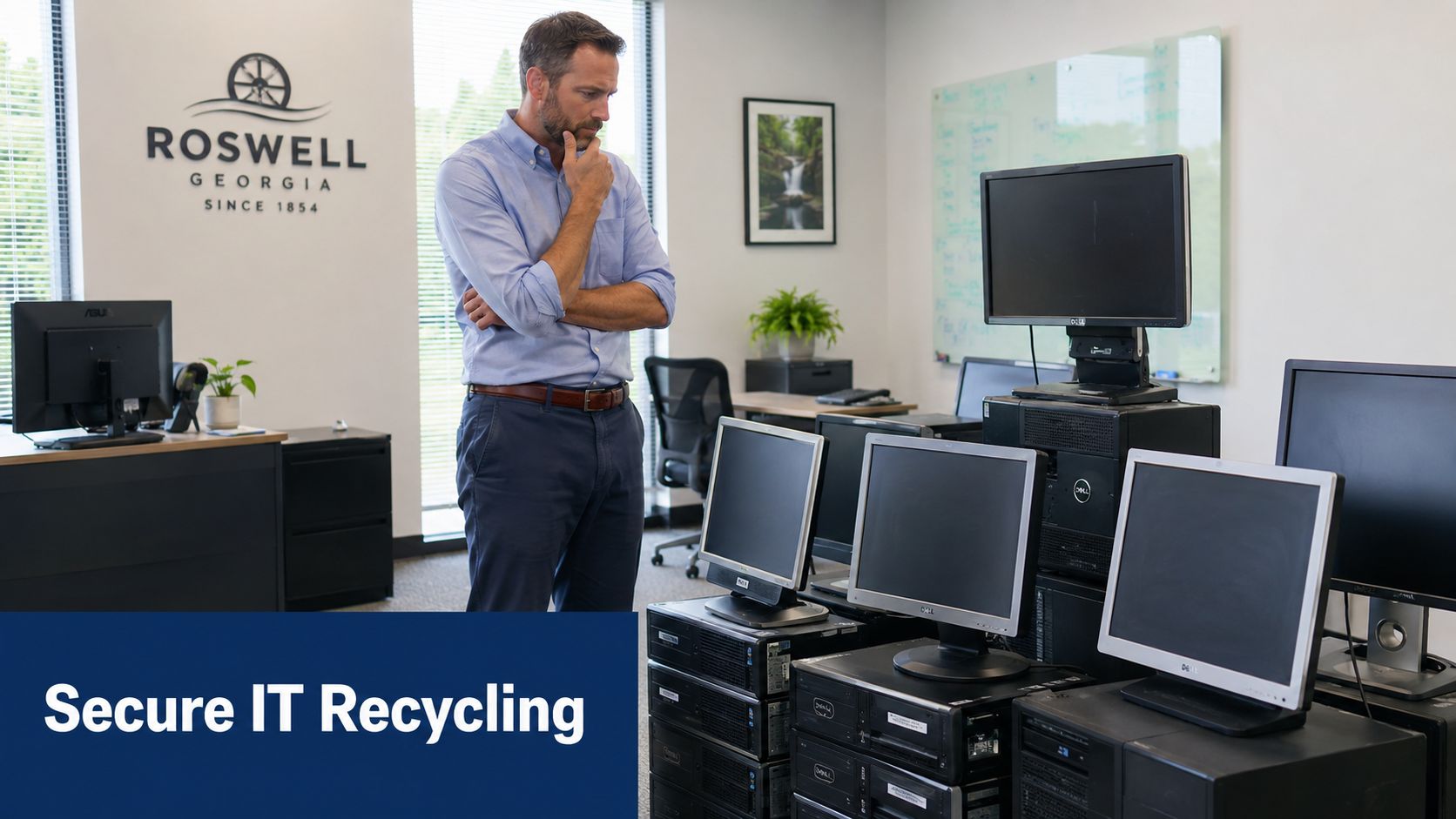 A professional man standing in an office and inspecting a stack of recycled computers and monitors.