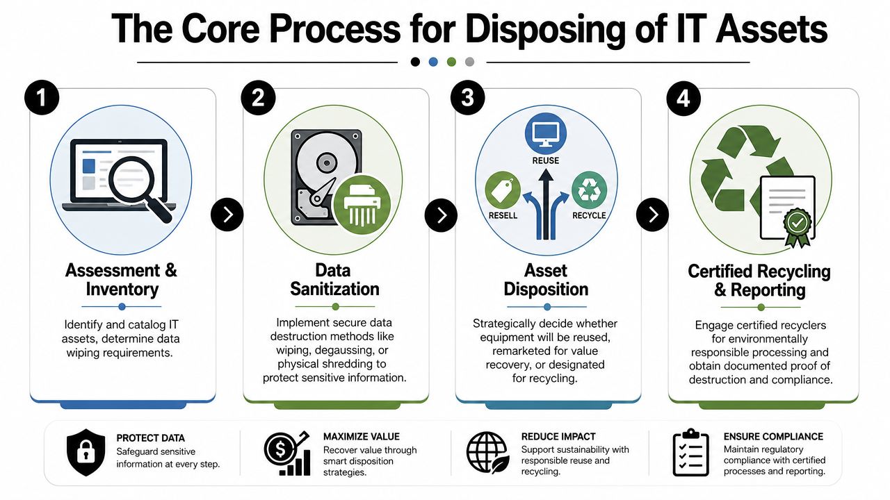 A four-step infographic illustrating the professional process for secure and sustainable IT asset disposal and recycling.