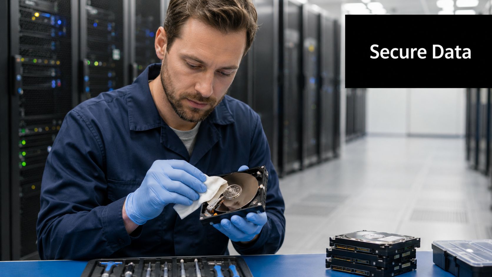 A technician wearing blue gloves cleans a hard drive component in a professional data center server room.