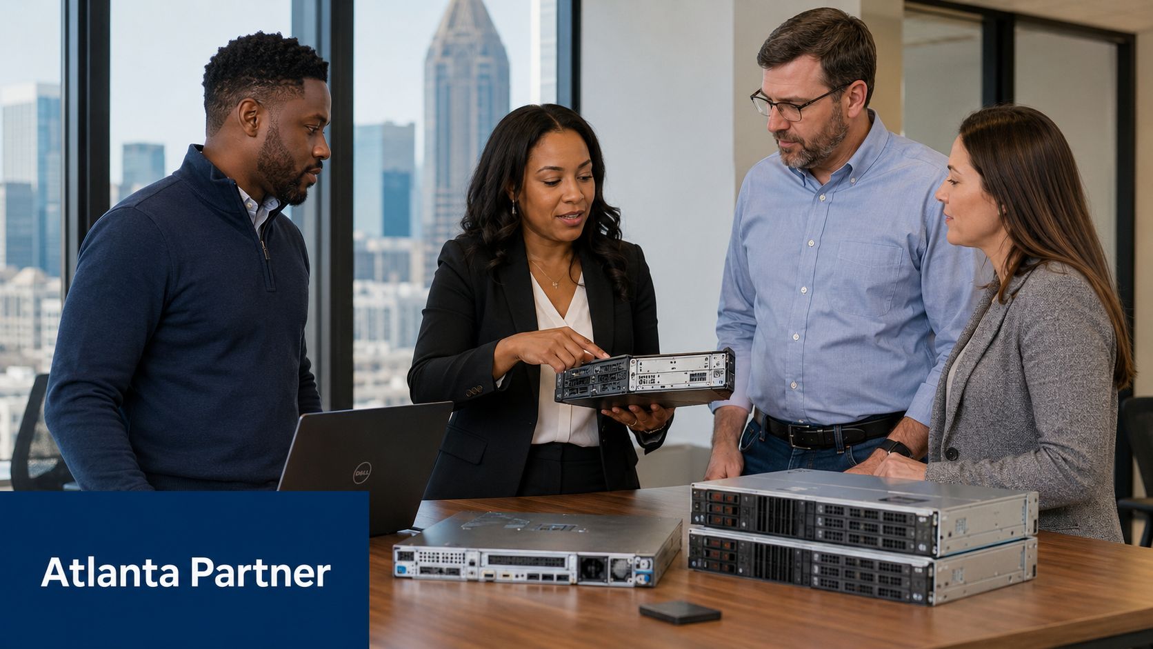 A professional team discussing server hardware equipment in a modern office with a city skyline view.