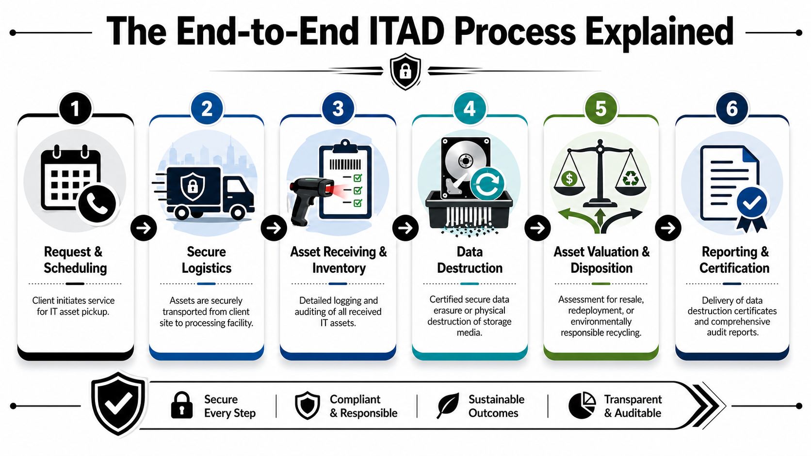 A diagram illustrating the six-step ITAD process, including scheduling, secure logistics, inventory, data destruction, valuation, and certification.