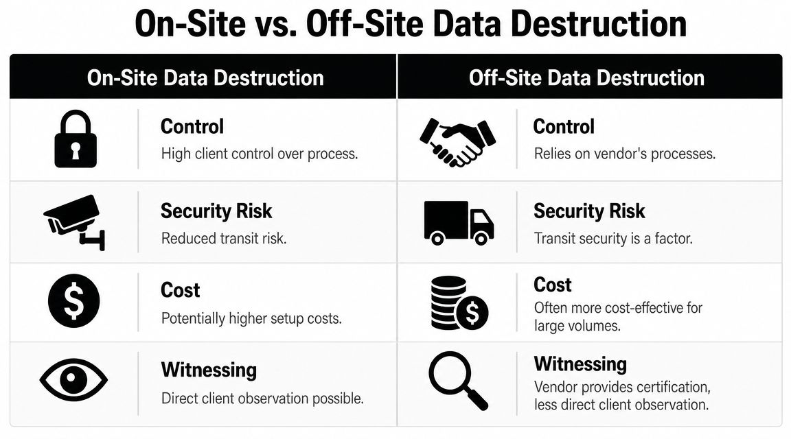 A comparison chart highlighting the key differences between on-site and off-site data destruction services for IT assets.