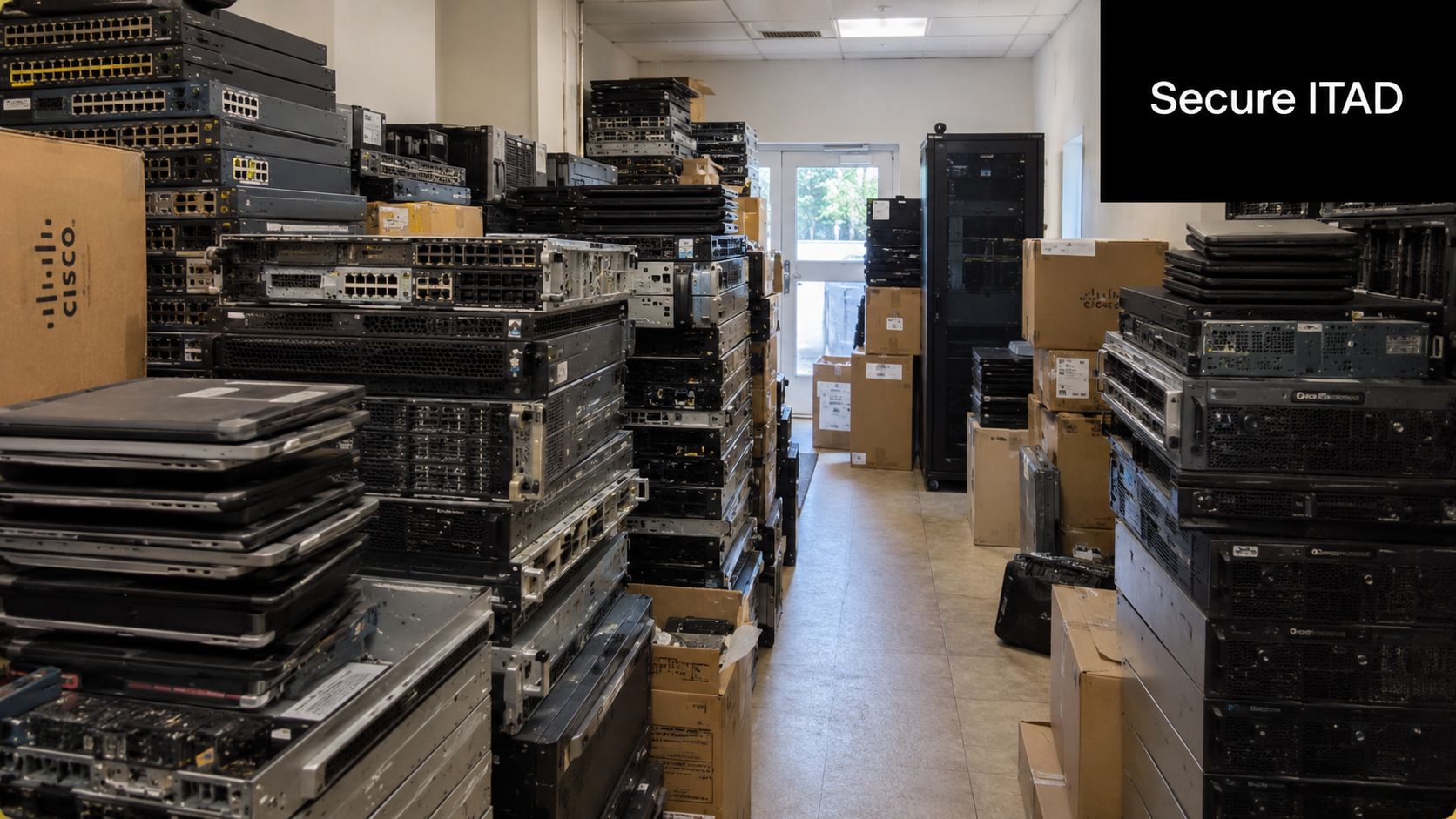 A storage room filled with stacked servers, computer hardware, and cardboard boxes for secure IT asset disposal.