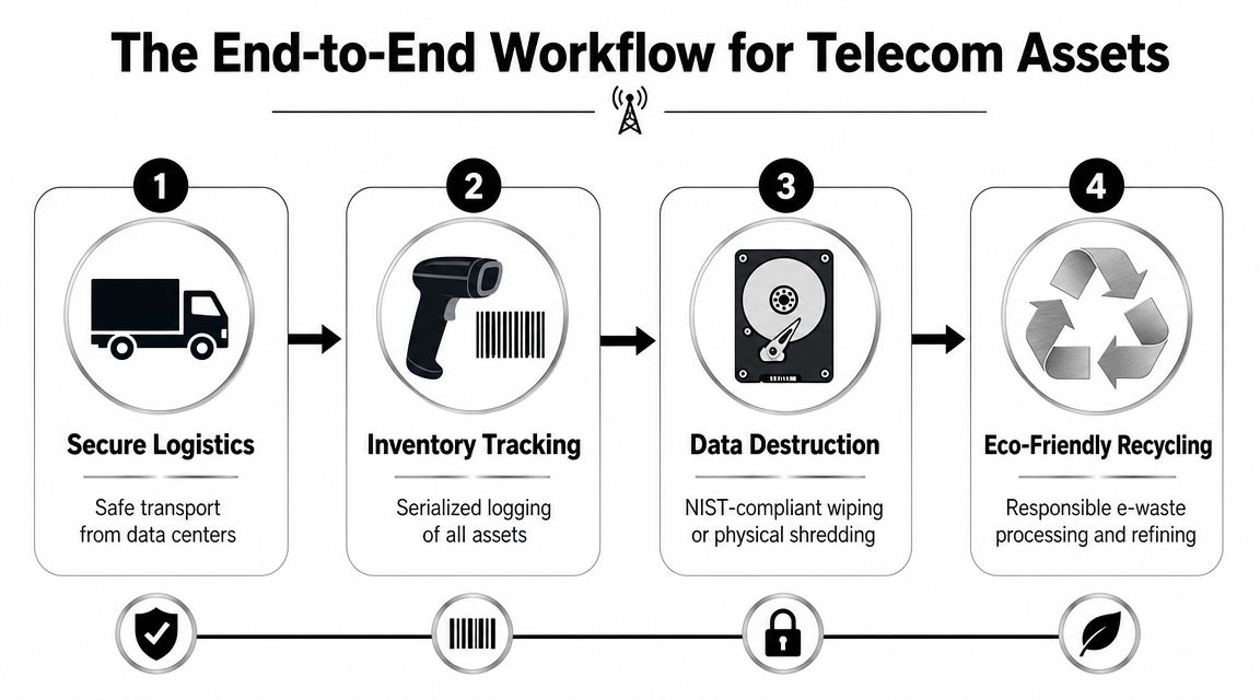 A four-step infographic showing the secure end-to-end workflow for recycling telecom assets and equipment.