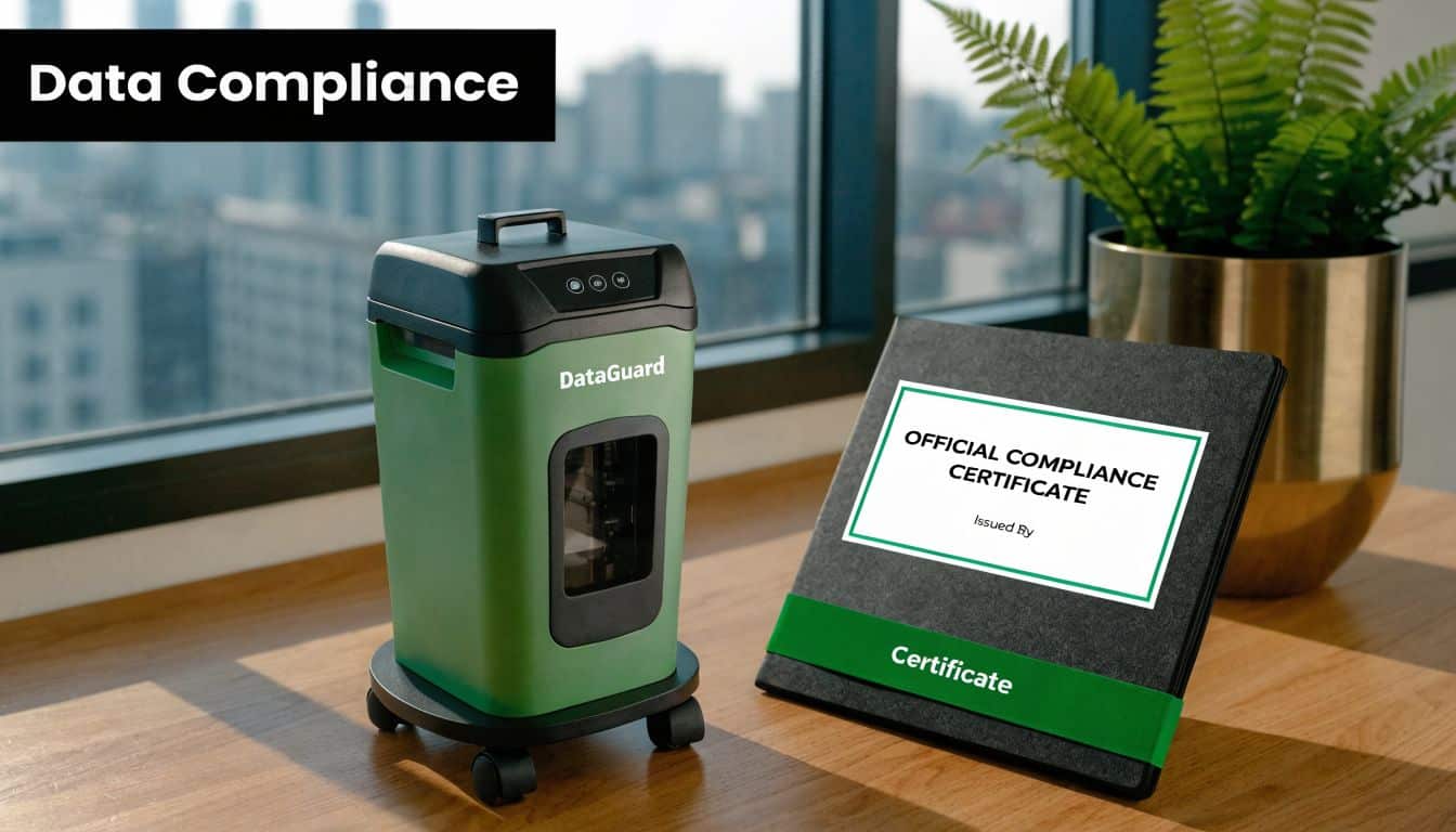 A DataGuard document shredder sits next to an official compliance certificate on a wooden office desk.