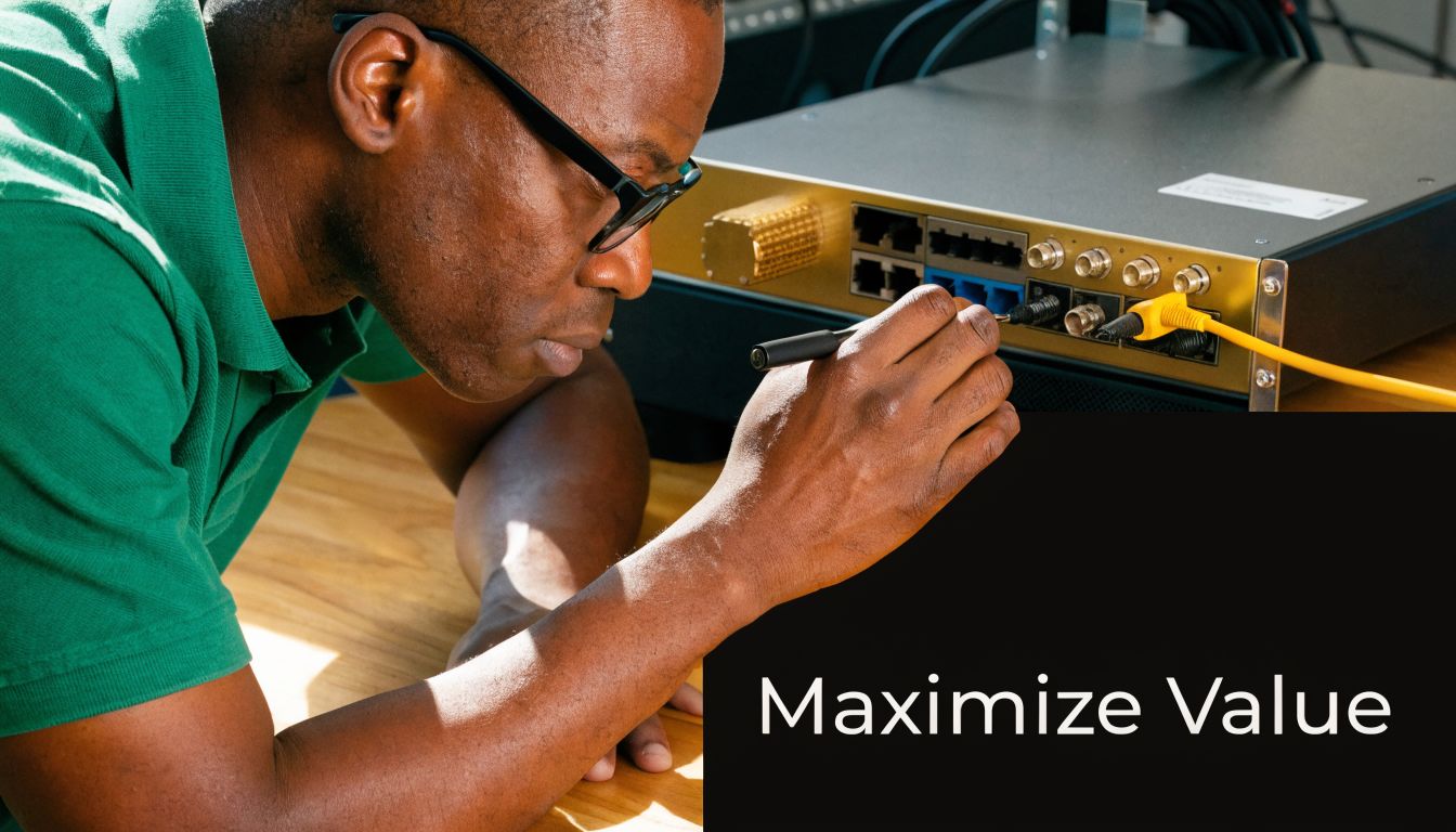 A technician carefully inspecting network hardware while plugging a cable into ITAD telecom equipment.