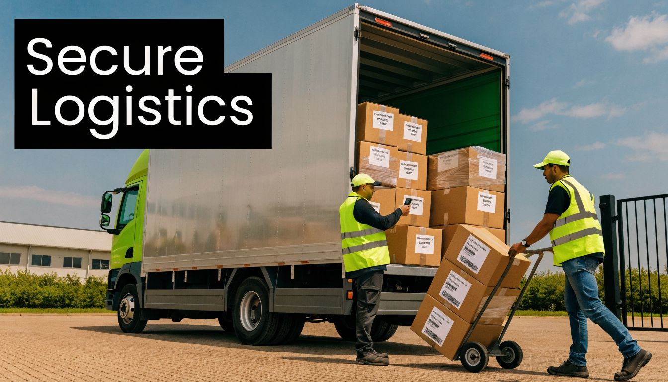 Two delivery workers in high-visibility vests loading boxes from a truck during a logistics operation.