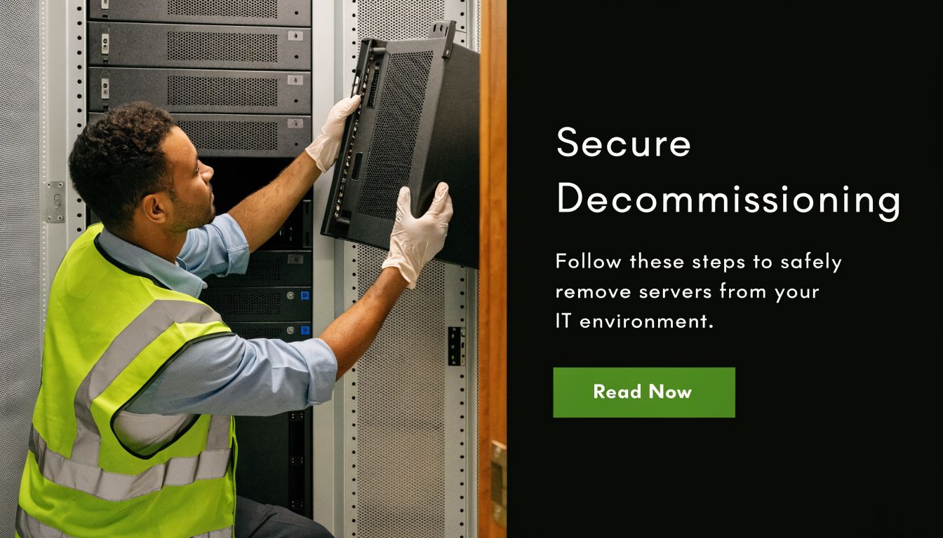 A technician wearing a high-visibility vest and gloves carefully removing a server from a rack in a data center.
