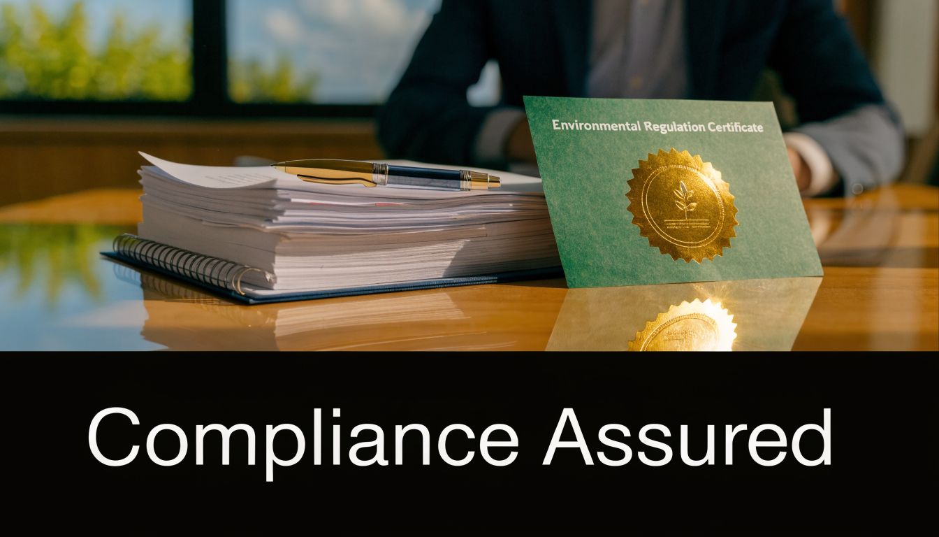 A professional desk featuring a green environmental regulation certificate and a stack of papers with a pen.