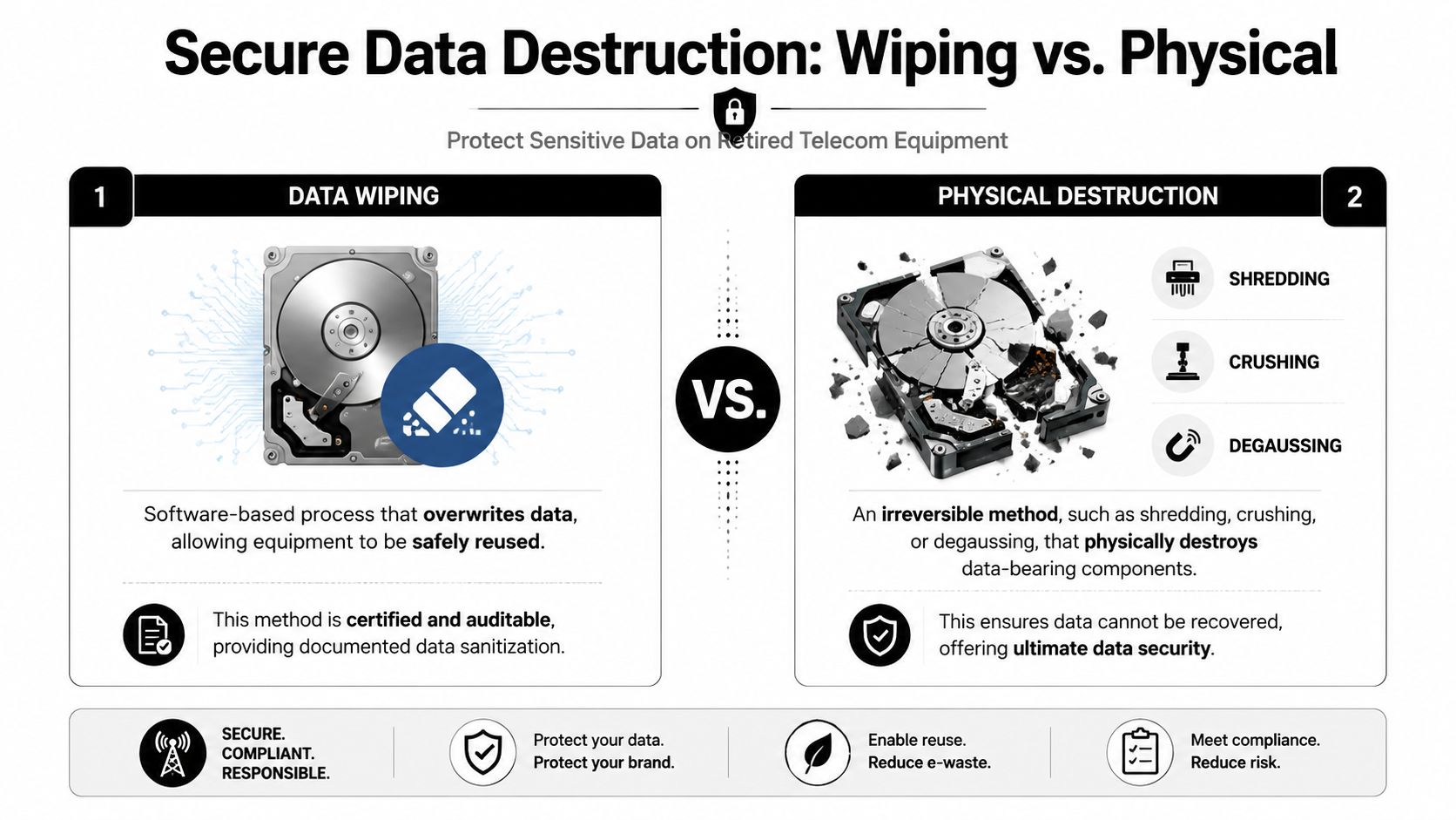 An infographic comparing data wiping and physical destruction methods for securing retired telecom equipment and data privacy.