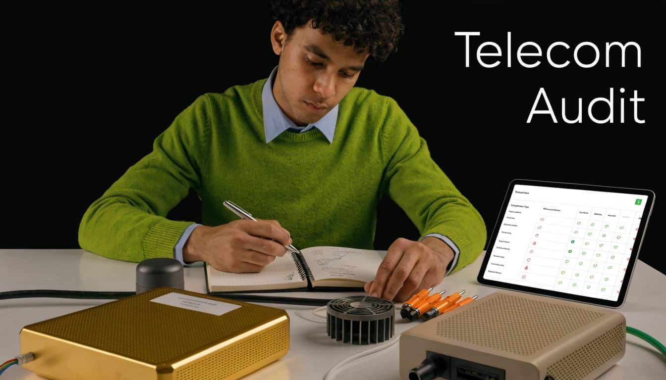 A technician auditing telecom equipment while taking notes on a notepad next to a digital dashboard screen.