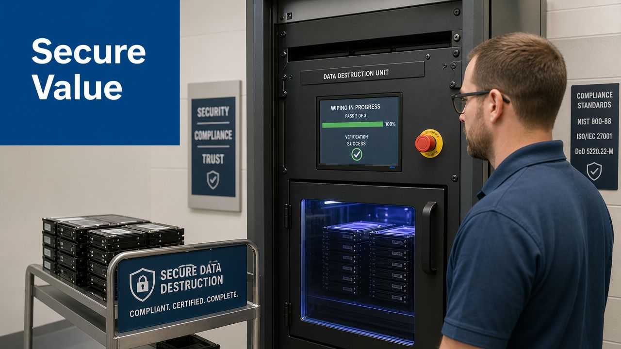 A technician monitors a professional data destruction unit processing multiple hard drives for secure IT asset disposal.