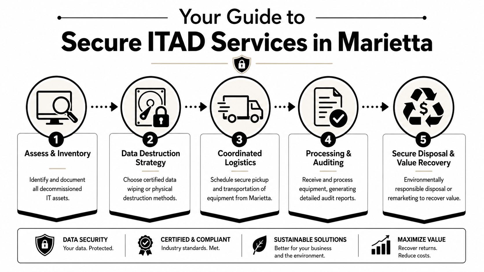 A five-step infographic guide detailing the secure IT asset disposition process for businesses in Marietta.