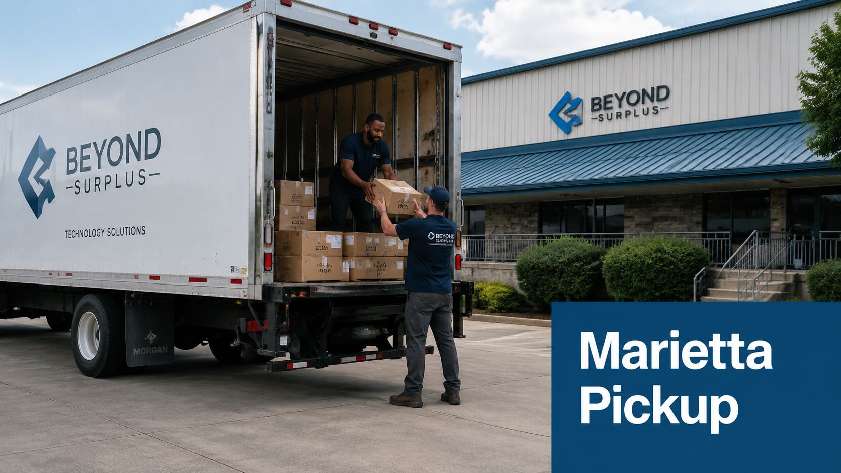 Two Beyond Surplus employees loading technology equipment boxes into a company truck at the Marietta facility.