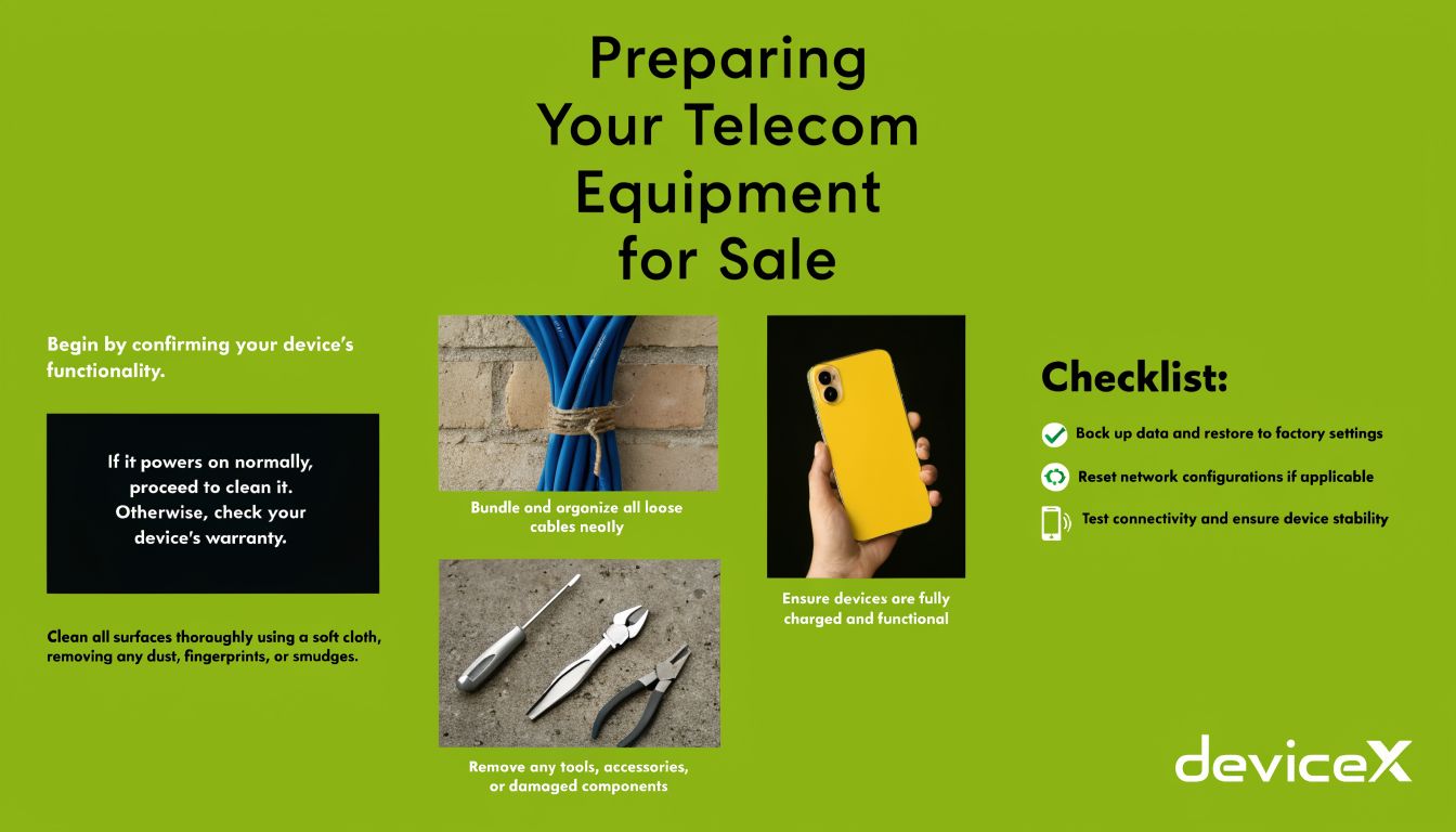 An infographic titled Preparing Your Telecom Equipment for Sale providing a checklist for preparing electronics.