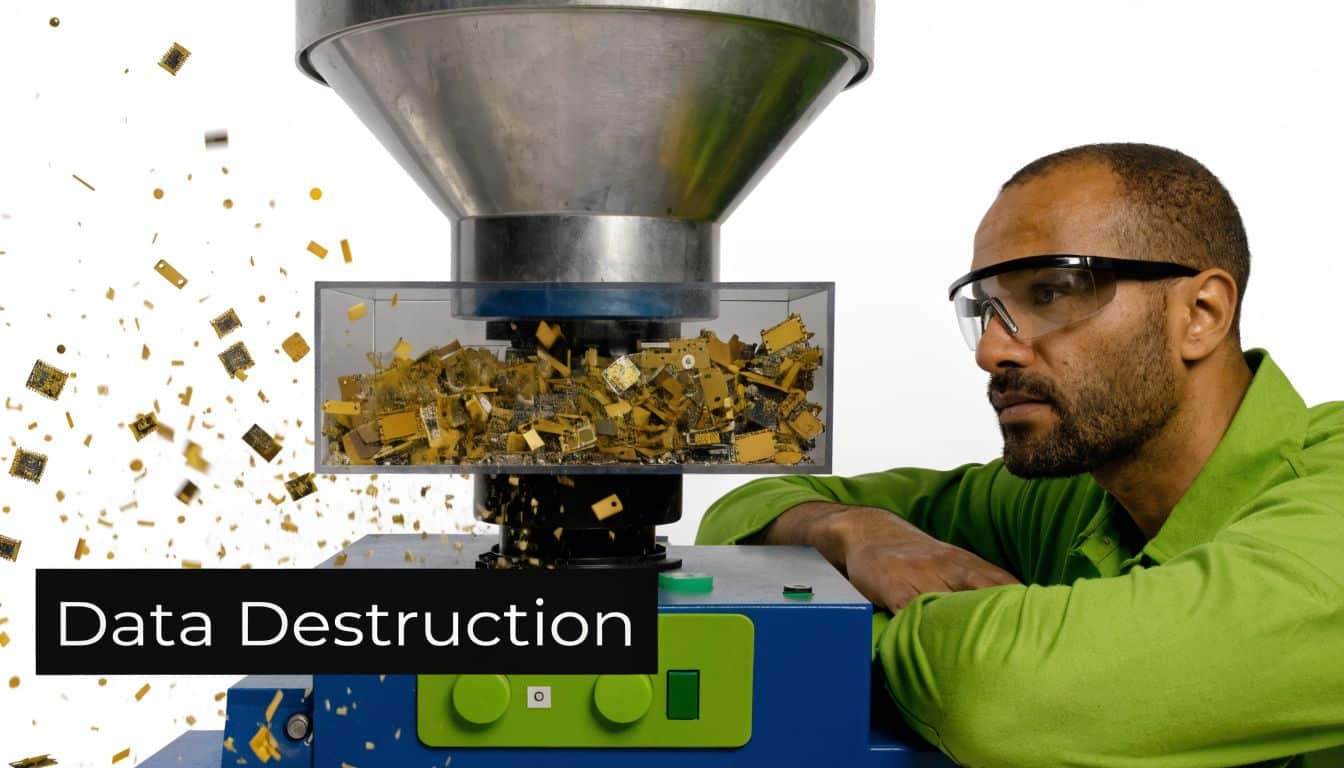 A technician wearing safety goggles supervises an industrial machine shredding electronic components for secure data destruction.