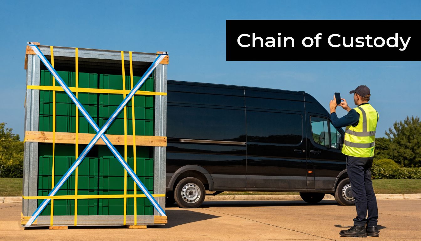 A delivery worker in a safety vest photographs a pallet of green crates for chain of custody verification.
