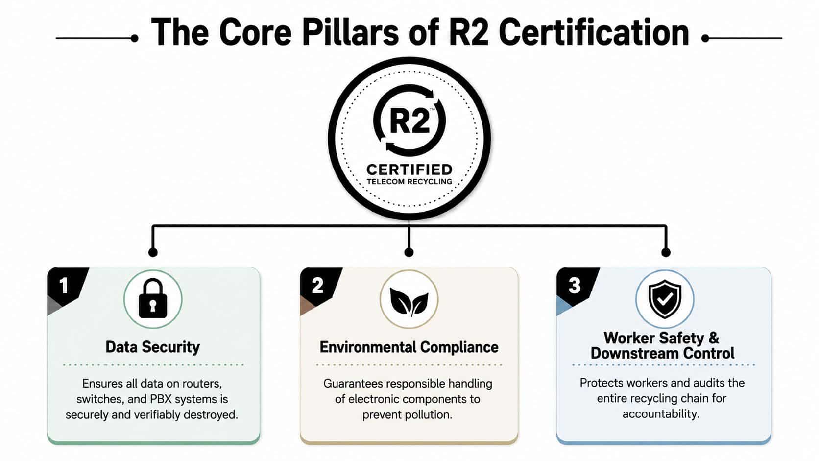 An infographic showing the three core pillars of R2 certified telecom recycling: data security, environmental compliance, and worker safety.
