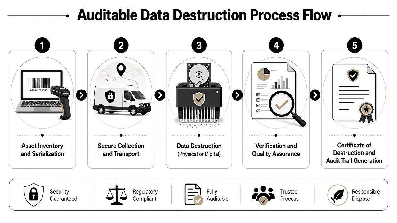 A five-step process flow infographic illustrating secure data destruction, from asset inventory to final audit certification.