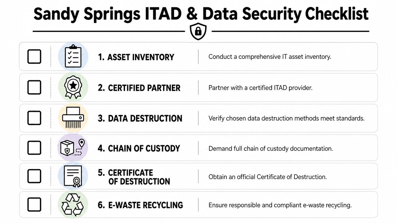 A checklist infographic titled Sandy Springs ITAD and Data Security outlining six steps for IT asset disposition.