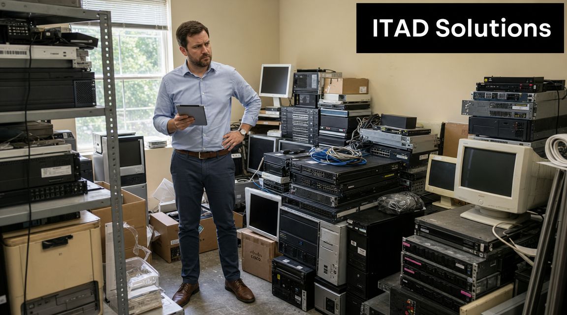A professional man holding a tablet while assessing old computer hardware and network servers in an office.