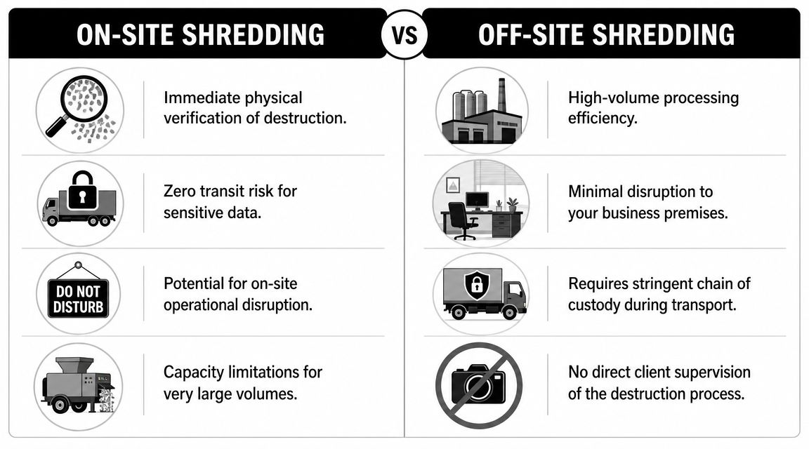 A comparison chart outlining the pros and cons of on-site versus off-site data shredding services for businesses.