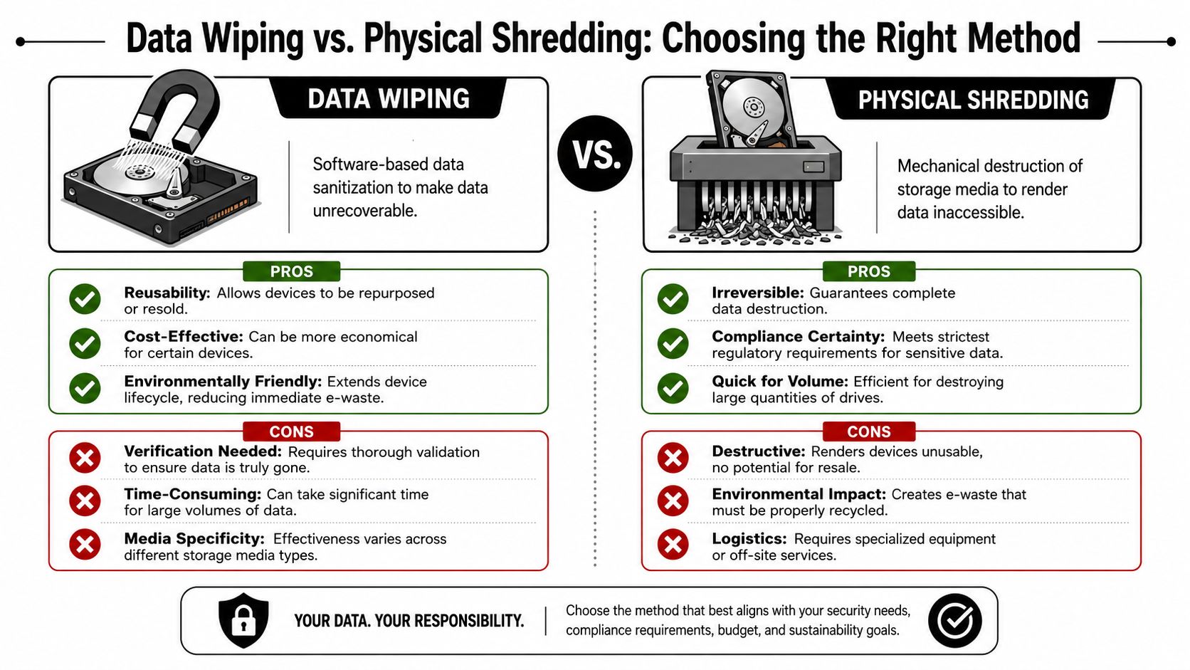 A comparison infographic detailing the pros and cons of data wiping versus physical shredding for storage devices.