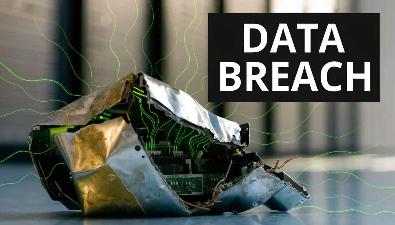 A crushed and damaged piece of electronic equipment emitting green digital waves representing a data breach.