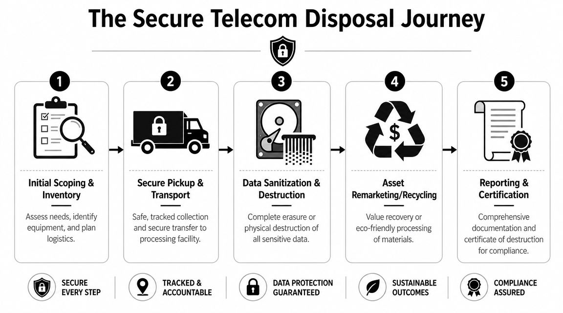 A five-step infographic showing the secure telecom equipment disposal process from inventory to final certification.