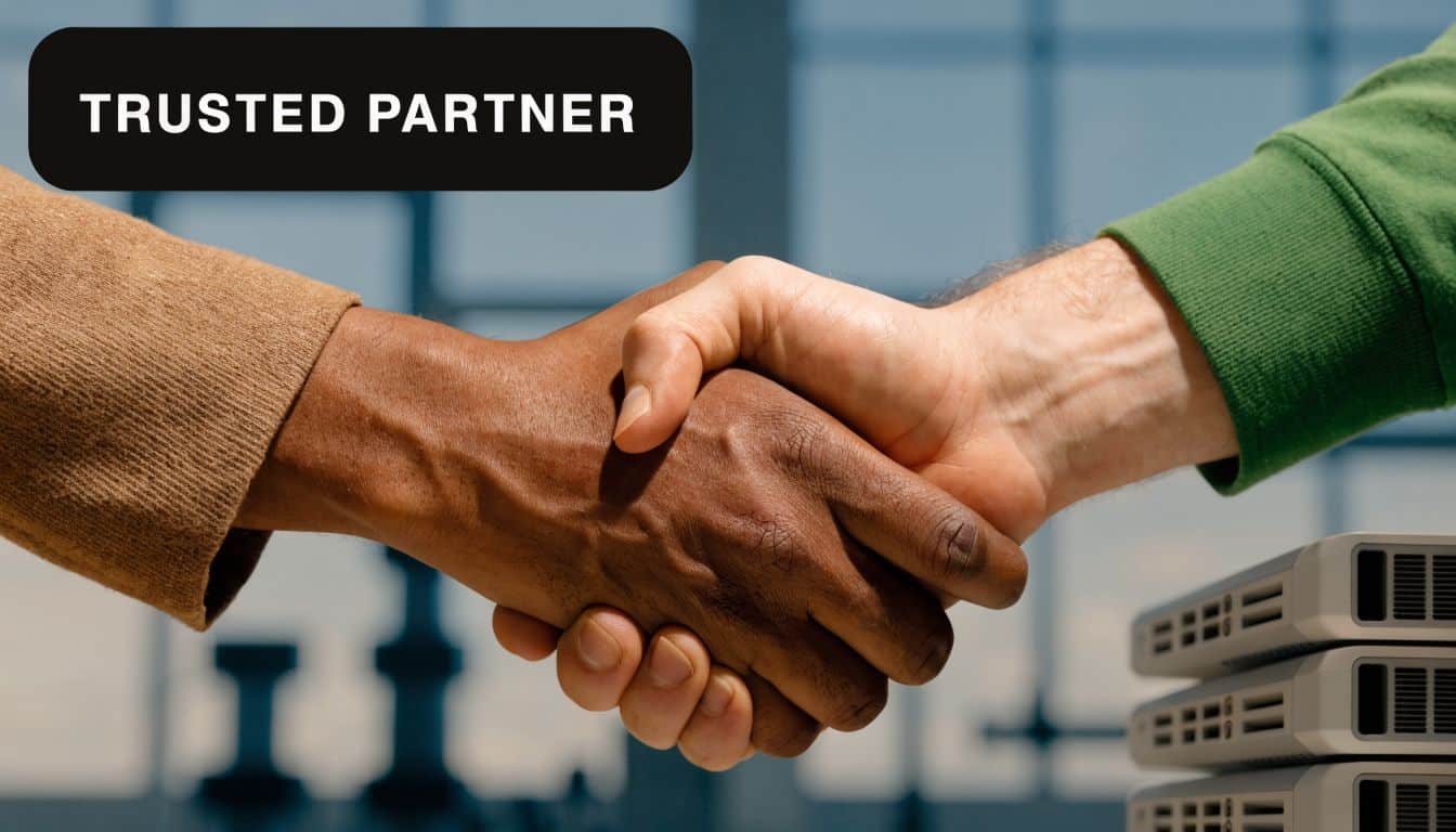 A professional handshake between two people, highlighting partnership and secure telecom equipment disposal services.