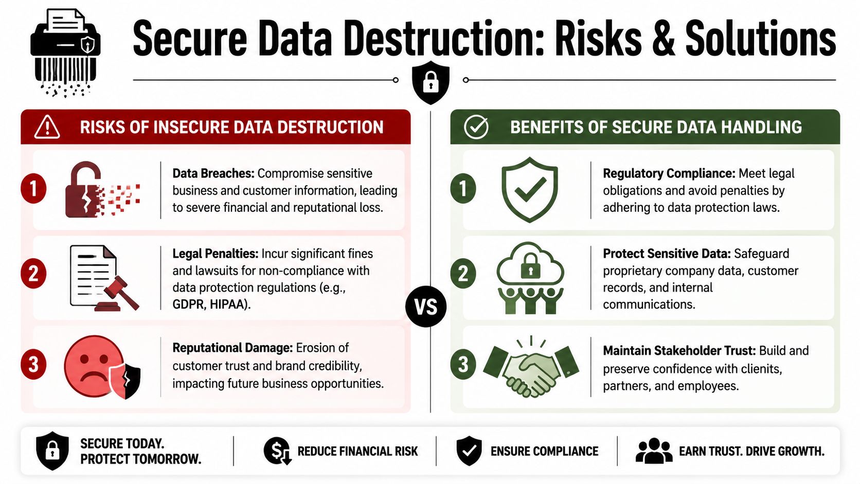 An infographic comparing the risks of insecure data destruction with the benefits of secure data handling practices.