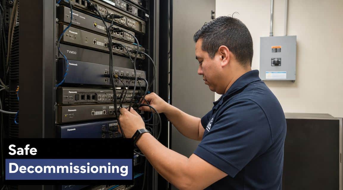 A technician performing maintenance on Panasonic telecommunications equipment in a professional server room setting.