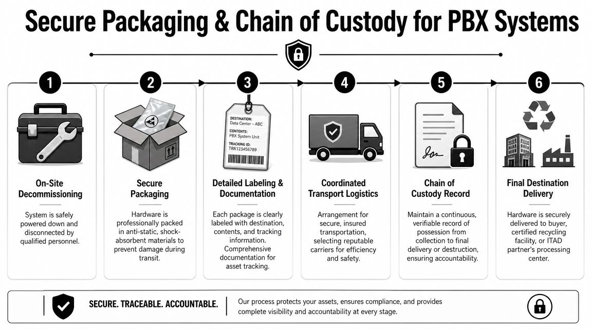 A six-step infographic detailing the secure packaging and chain of custody process for decommissioned PBX systems.