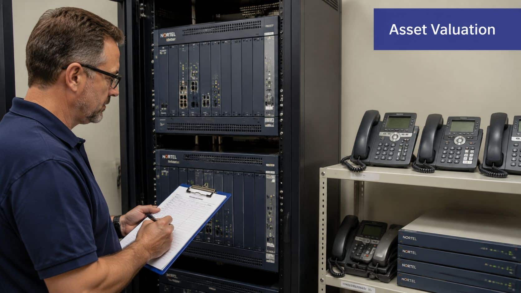A professional technician carefully inventories and inspects Nortel PBX equipment and office phones during a site audit.