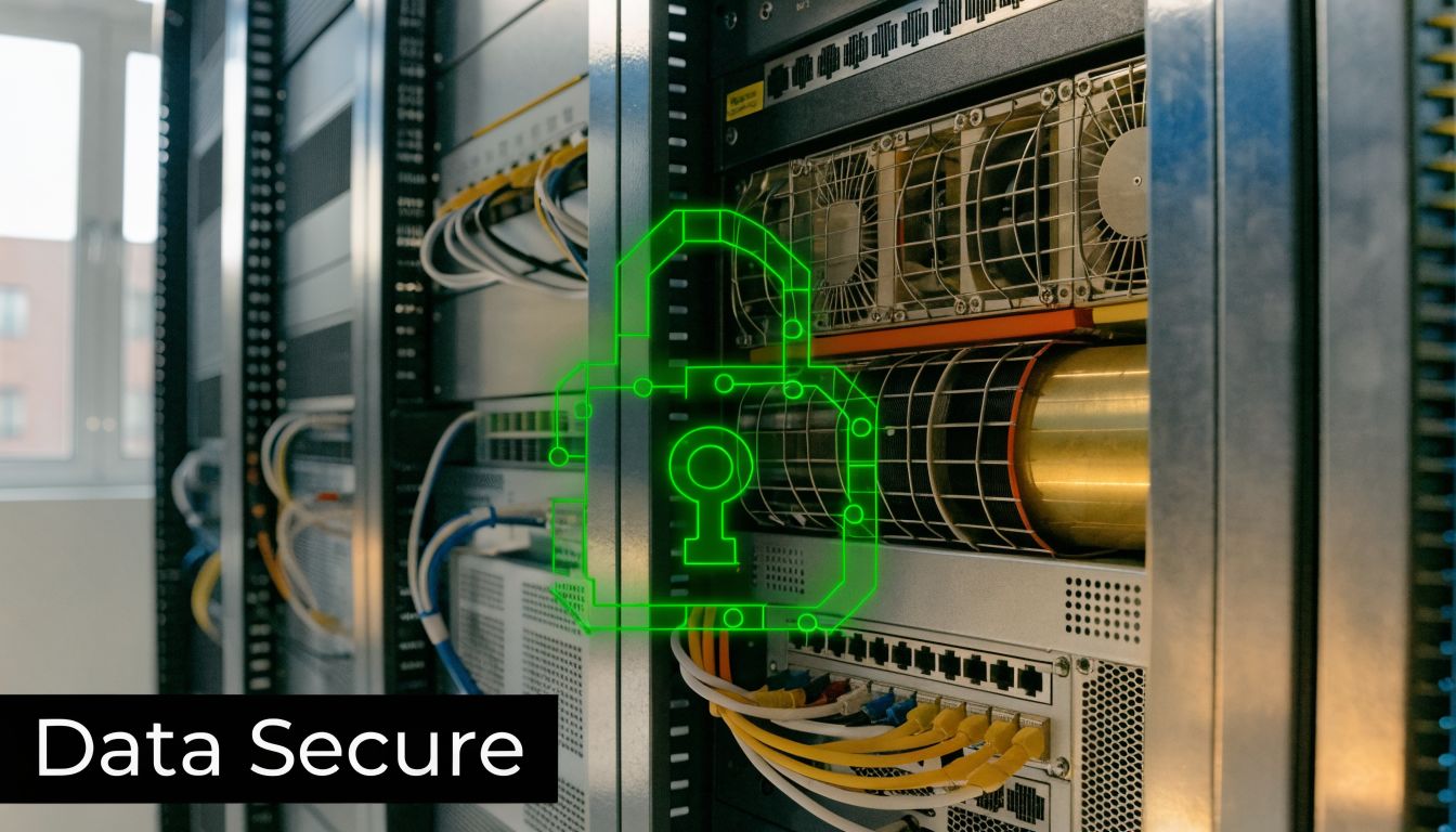 A secure data center server rack with a glowing green digital padlock icon overlaid for security concept.