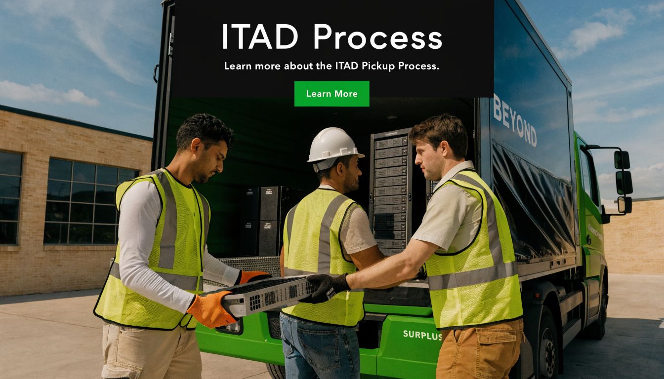 Three professional workers in high-visibility vests loading server equipment into the back of a company truck.