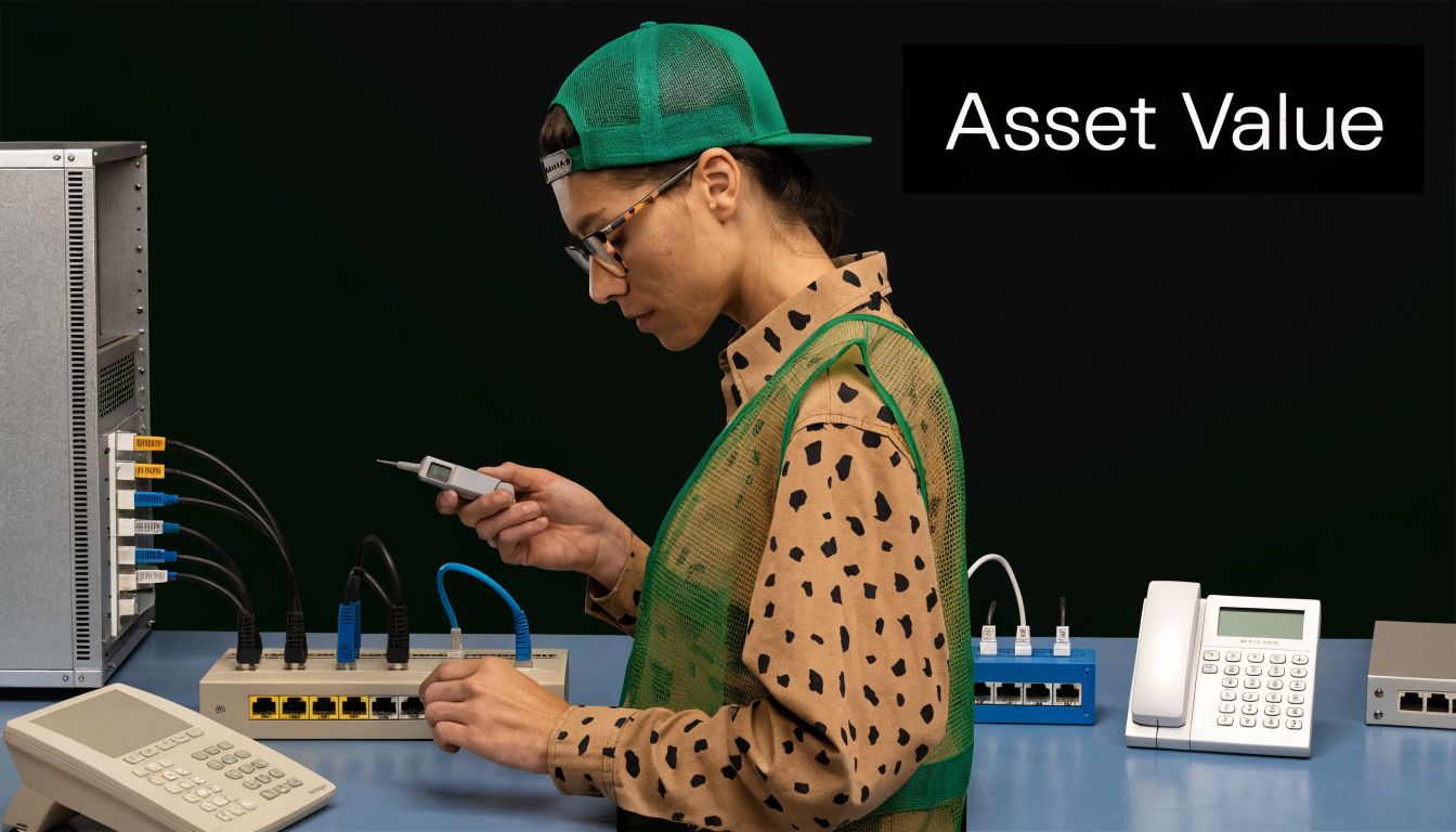 A technician wearing a green cap and vest testing network connections on telecommunication equipment on a desk.
