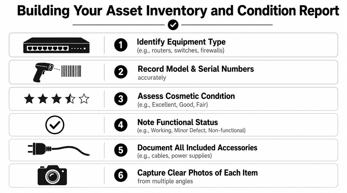 An infographic showing a six-step process for building an asset inventory and condition report for hardware.