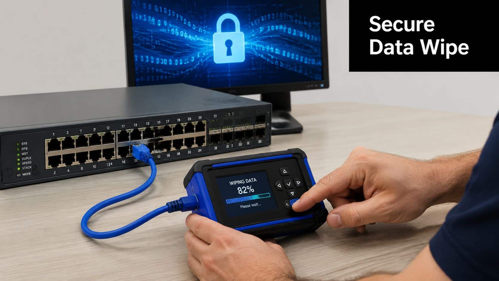 A technician wipes data from a network switch using a handheld diagnostic device in an office environment.