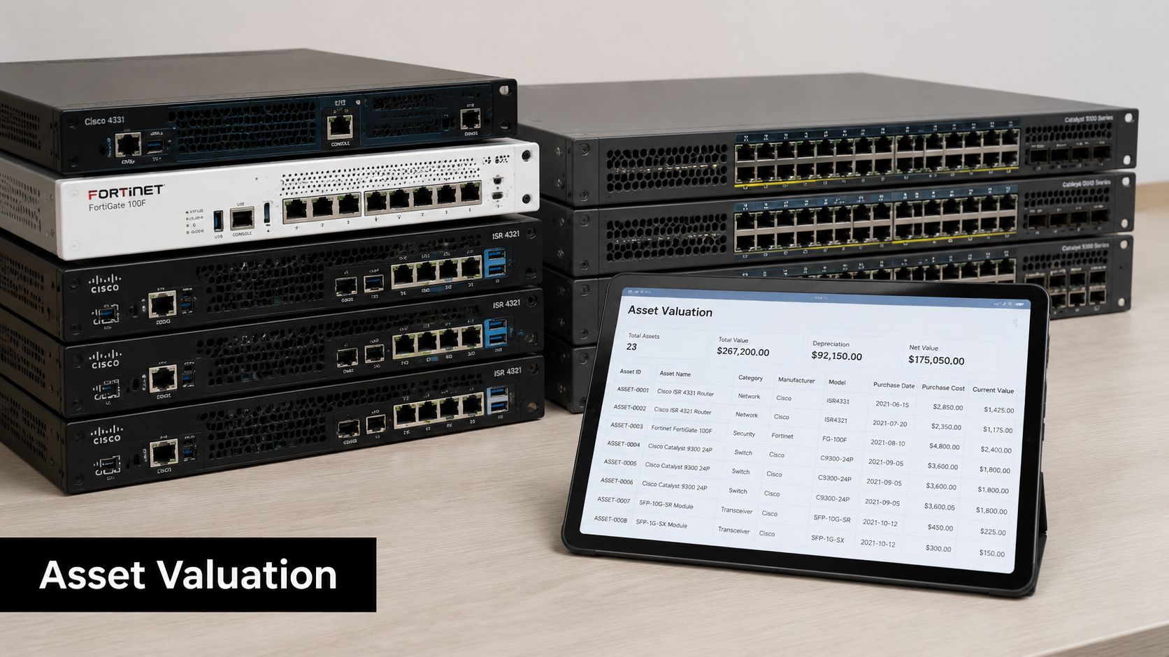 A tablet displaying an asset valuation spreadsheet next to a stack of used Cisco and Fortinet network devices.