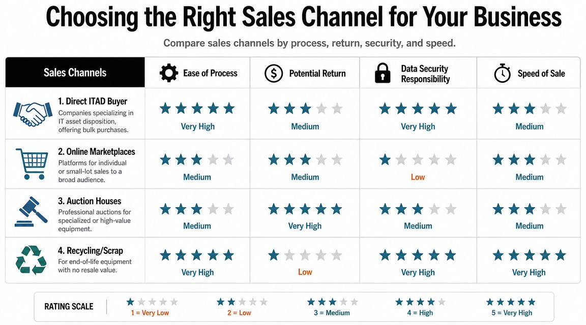 A comparison chart showing four different sales channels for IT asset disposition, including ratings for process, return, security, and speed.
