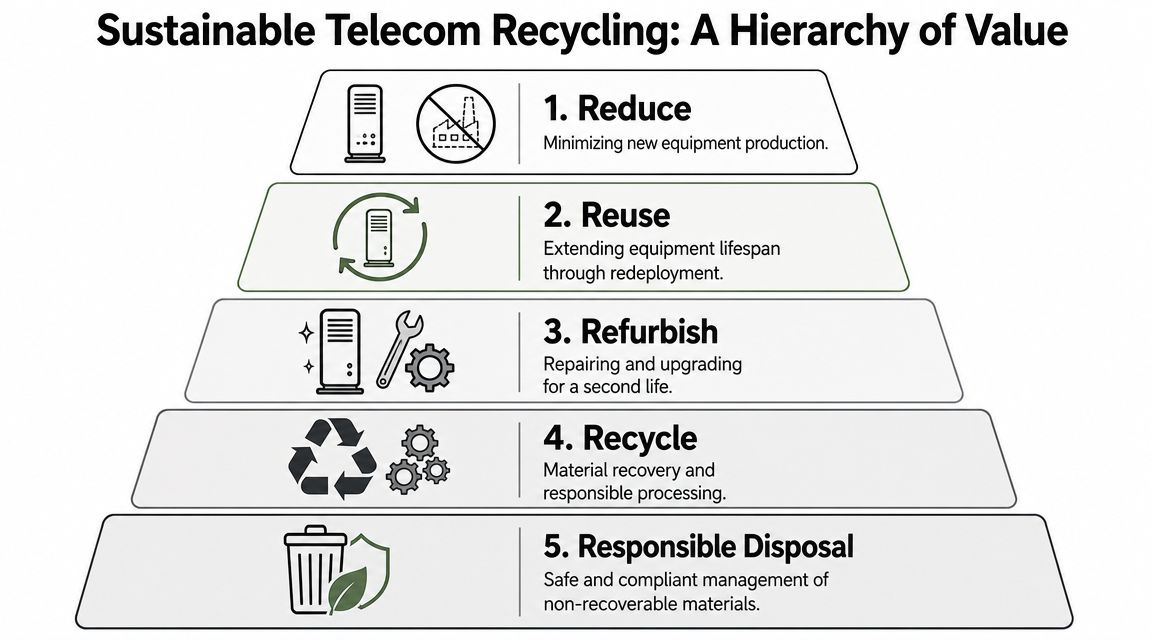 A pyramid diagram showing the sustainable telecom recycling hierarchy from reduction to responsible disposal.