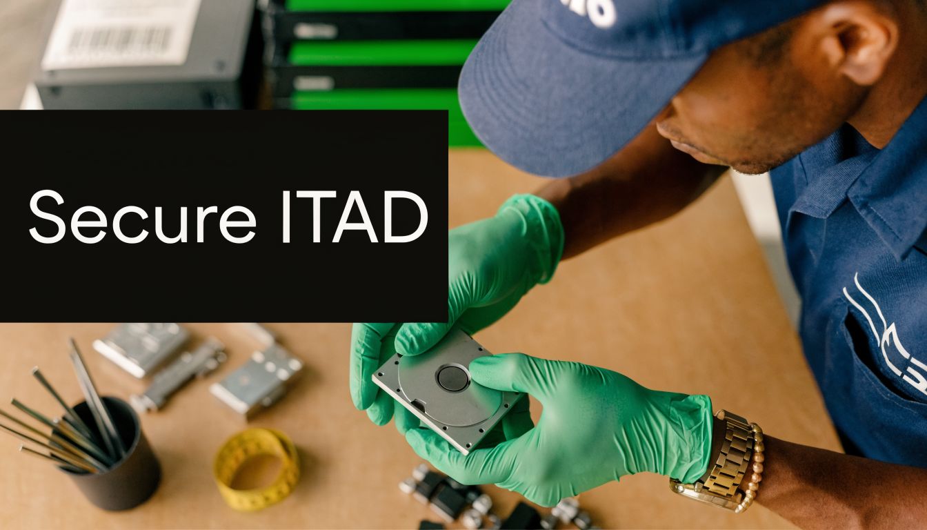 A technician wearing green gloves handles a computer hard drive component for sustainable IT asset disposition.