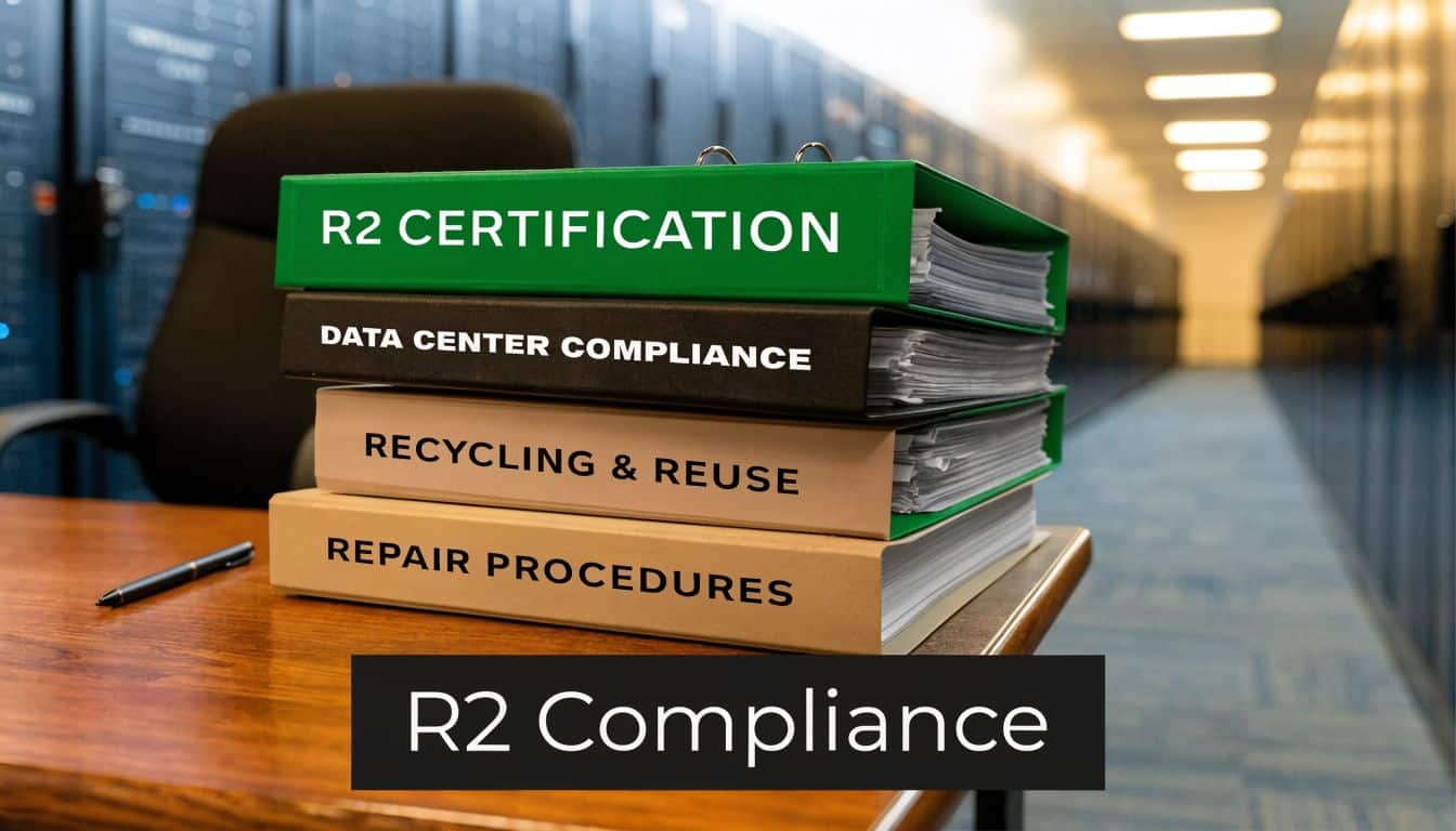 A stack of compliance binders labeled for R2 certification and data center recycling sit on a desk.