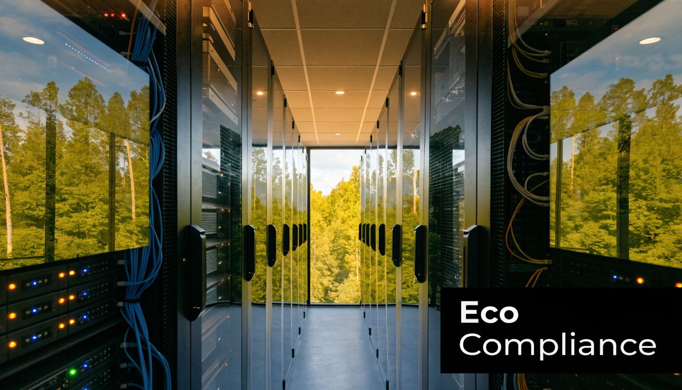 Server room with green forest reflection, symbolizing sustainable telecom equipment recycling and eco-friendly technology solutions.