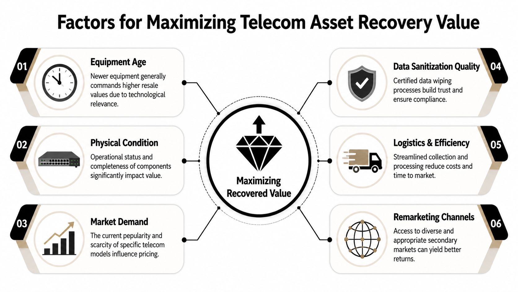 A diagram illustrating six key factors for maximizing the value of recovered telecom equipment assets.