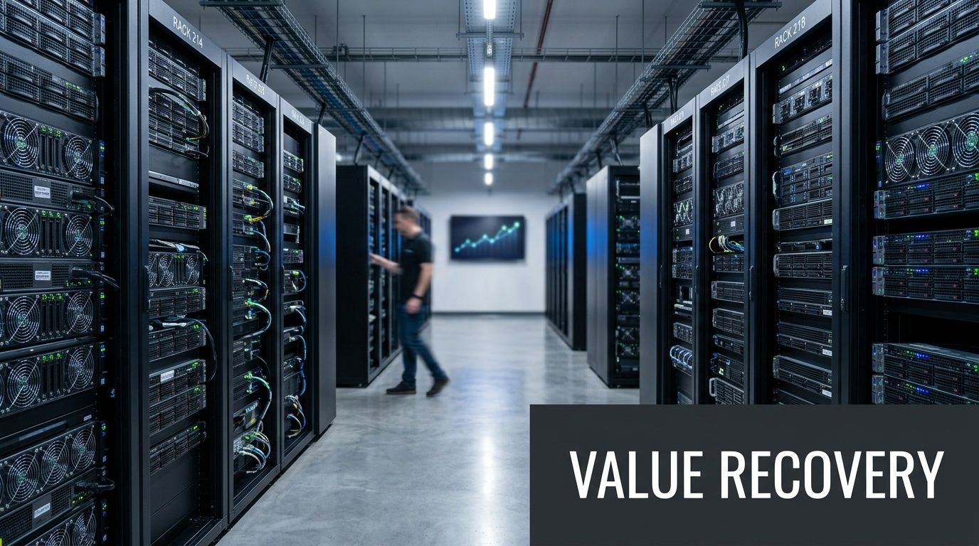 A technician walks through a modern data center with rows of server racks for telecom asset recovery.